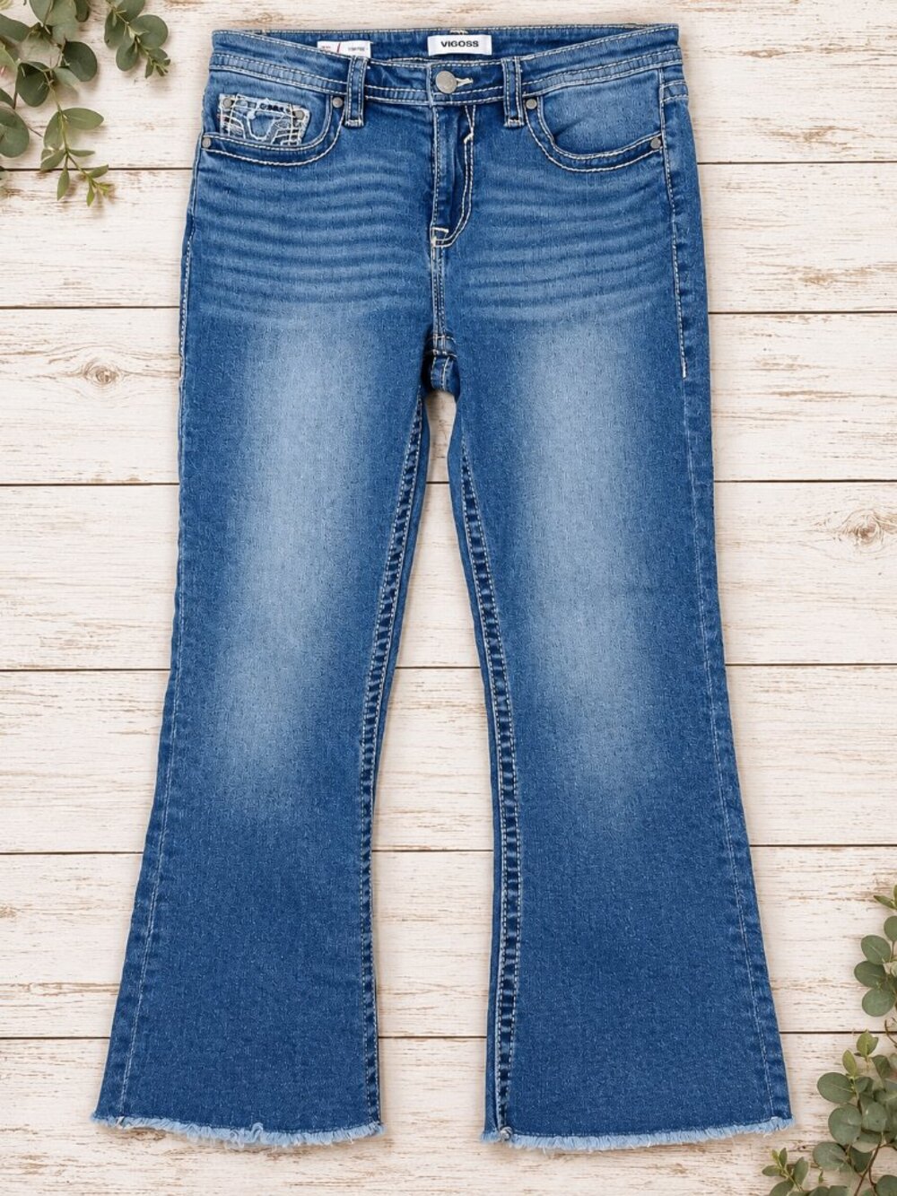 Vigoss CROP BOOT Bootcut Jeans Blue Wash Stretch Denim Raw Hem Fall Boho Casual